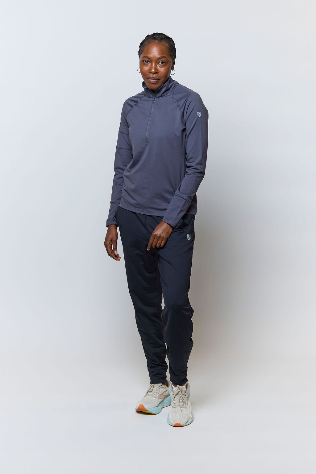 Black Valia women's training jogger pants by Goal Five, showing a comfortable fit and elastic waist on a model.