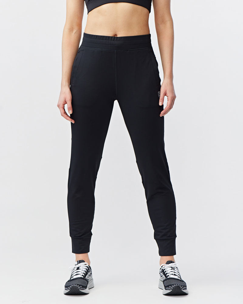 Goal Five Valia women's black training jogger pants, slim fit with elastic waistband and tapered legs, comfortable workout apparel.