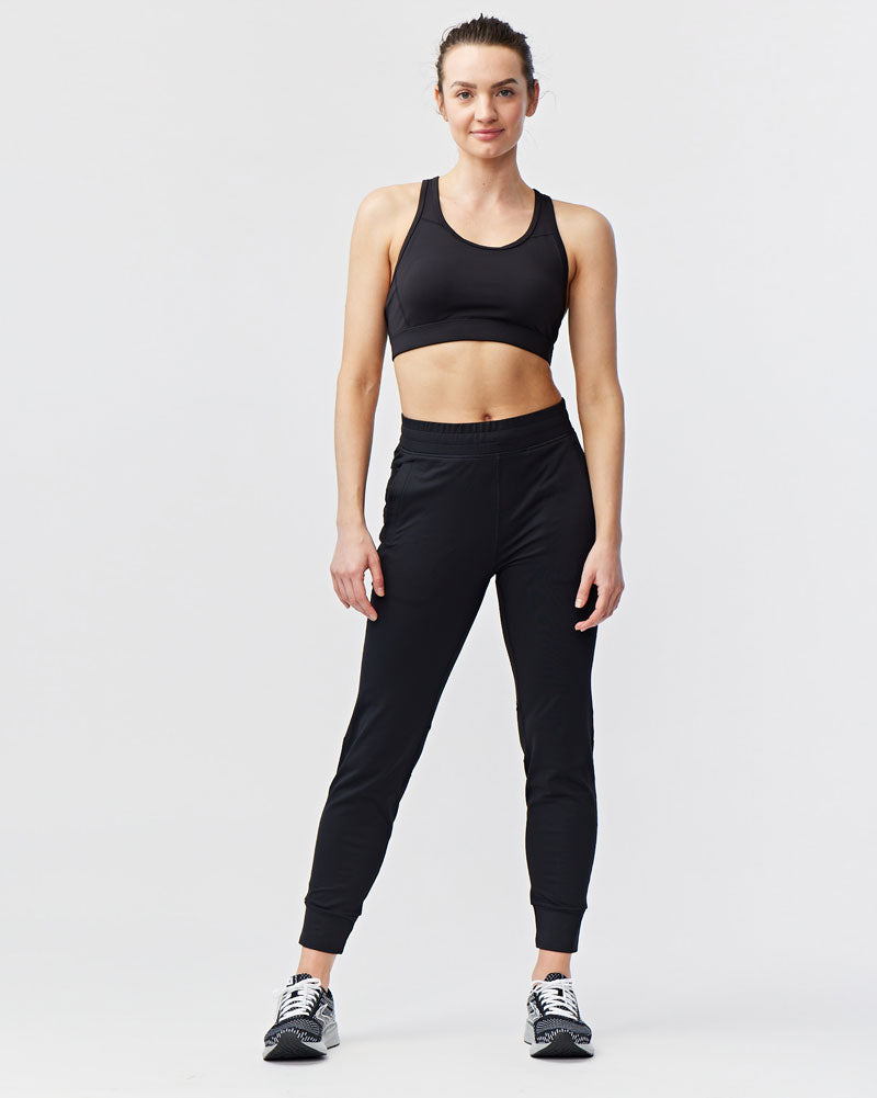 Black Valia women's jogger pants from Goal Five, training athletic pants with a comfortable fit and elastic waistband.