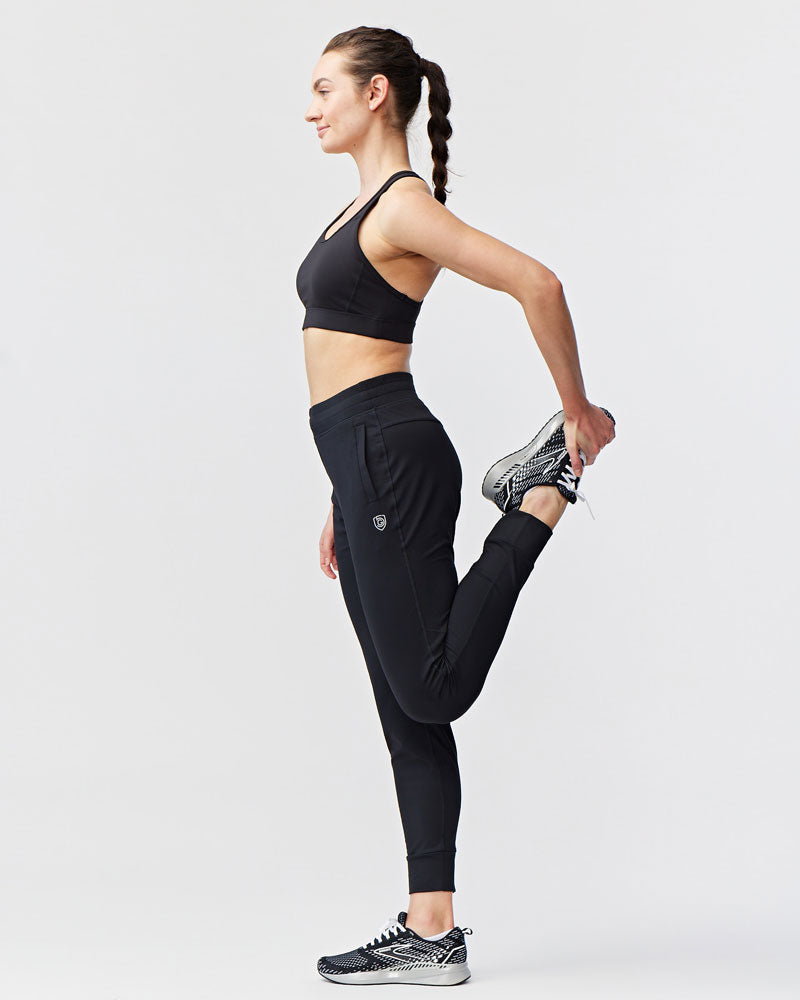Goal Five Valia women's black training jogger pants, slim fit and comfortable for active wear, shown on a model.