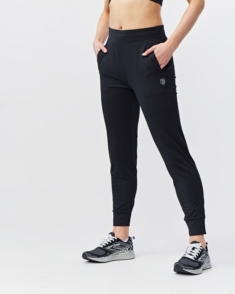 Goal Five Valia women's black jogger pants for training, shown in size XS, with a comfortable fit and elastic waistband.