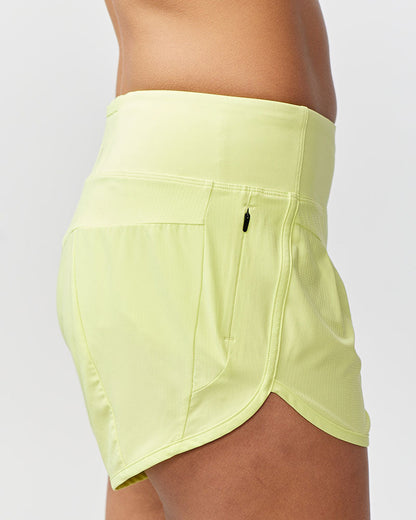 Goal Five Sheva women's high-rise running shorts in hot coral, designed for comfortable training and active wear.