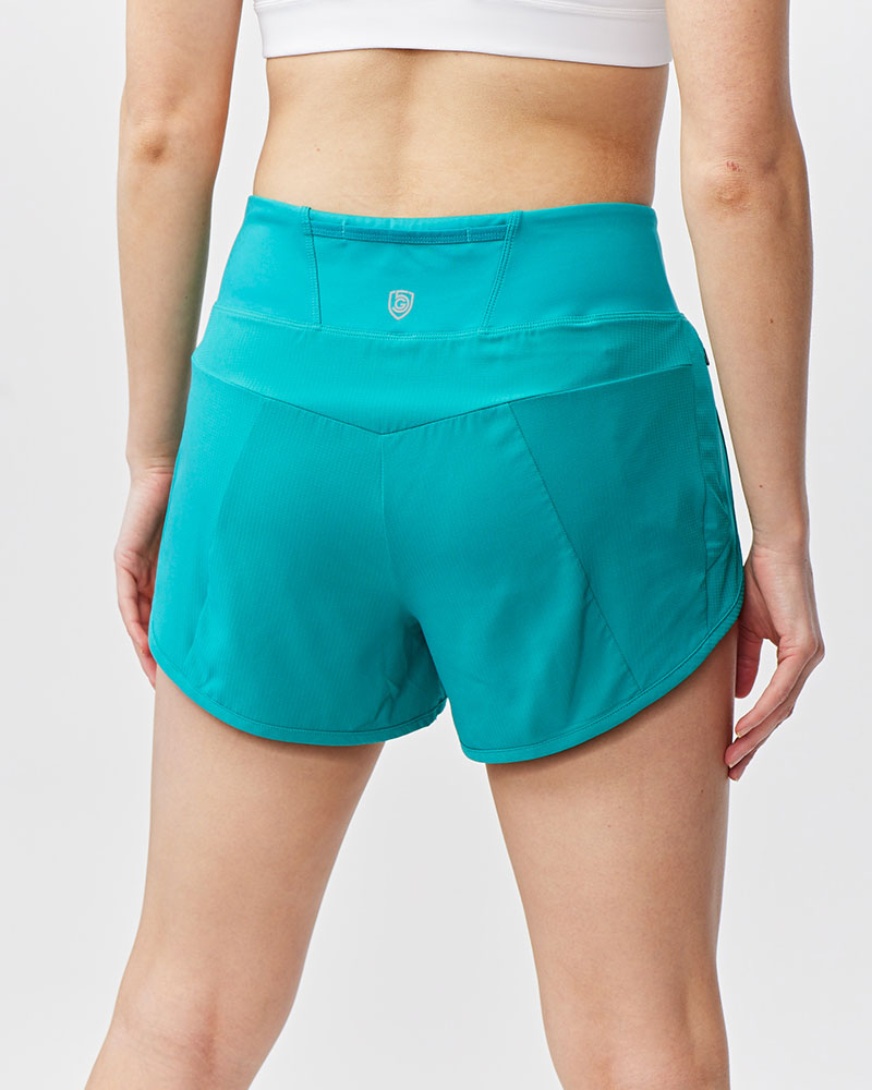 Goal Five Sheva women's high-rise running shorts in hot coral, designed for training and active wear, with a comfortable fit.