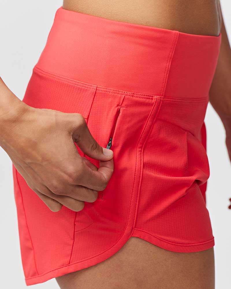 Goal Five Sheva women's high-rise running shorts in hot coral, training shorts with a comfortable fit and stylish design.