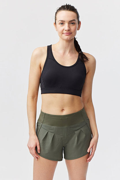 Sheva women's high-rise running shorts in hot coral, designed for training, with a comfortable fit and athletic style.