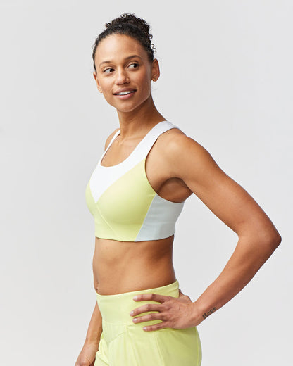 Goal Five Pionxr Training Bra Top in rose cinnabar color, shown on a model, designed for active wear and comfortable support.