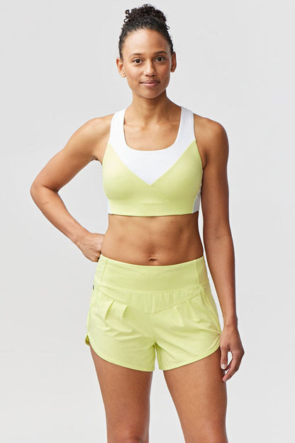 Goal Five Pionxr Training Bra Top in rose cinnabar color, shown on a model, designed for active wear and support.