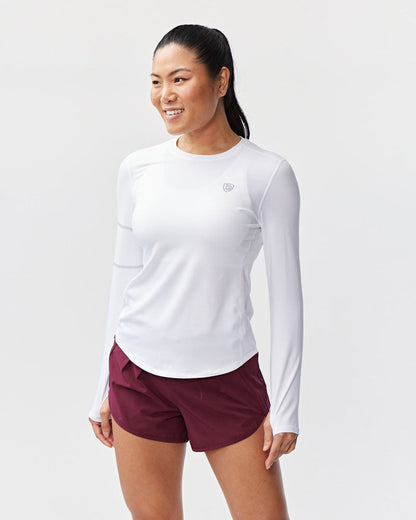 Goal Five women's white long-sleeve training workout top, fitted for active fitness and casual wear.