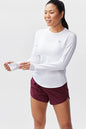 White Foudy women's long sleeve workout top by Goal Five, stylish training top with fitted design for active wear.