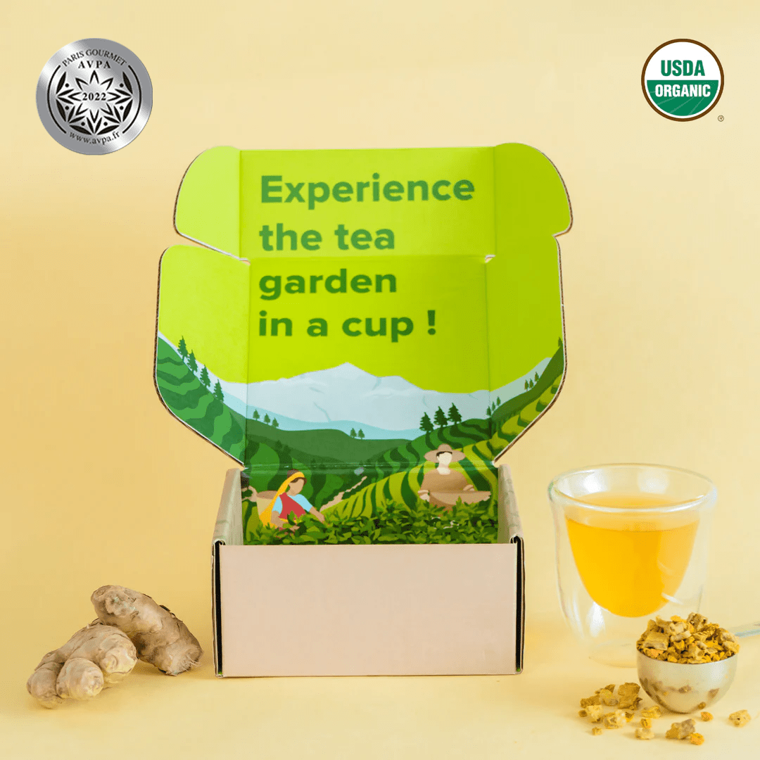 Organic Golden Turmeric Ginger blend from Nepal Tea, featuring vibrant golden turmeric and fresh ginger root in a natural setting.