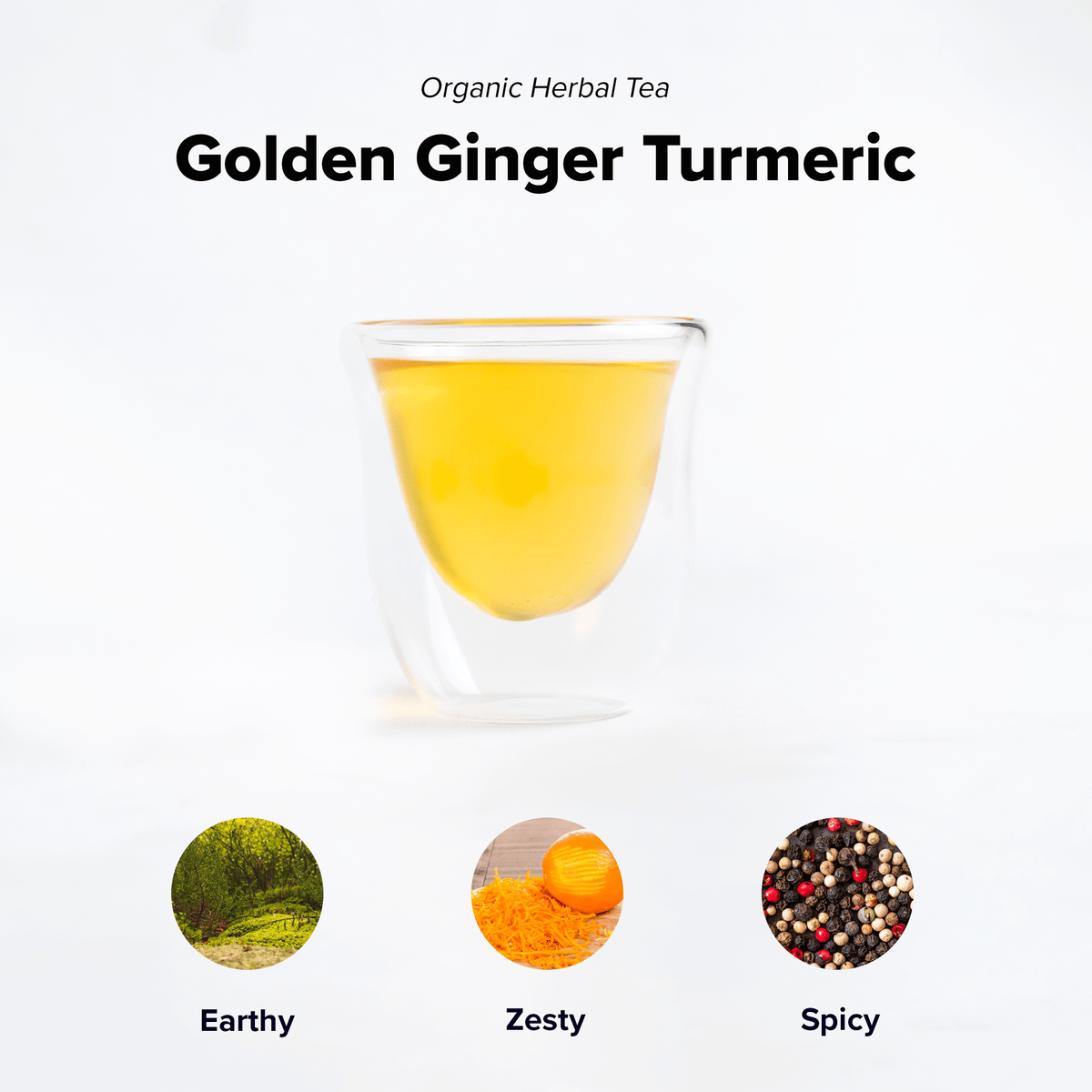 Organic golden turmeric and ginger blend from Nepal Tea, featuring vibrant turmeric roots and fresh ginger in a natural setting.