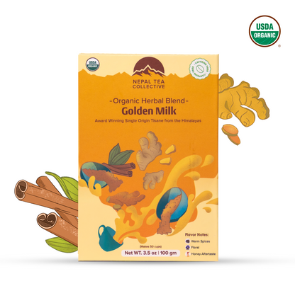 Organic Golden Milk blend from Nepal Tea displayed in a bowl with a warm, golden color and fresh turmeric root.