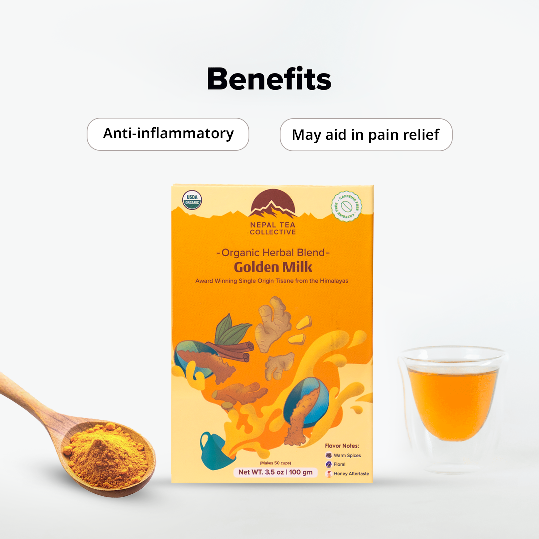 Organic Golden Milk blend from Nepal Tea featuring a warm, rich turmeric and spice mixture in a clear glass cup.