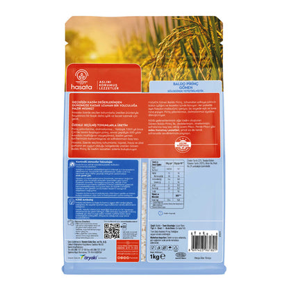 S101 Hasata Rice Baldo 1kg package, white rice grains, displayed in a clear bag with a label, ready for cooking.