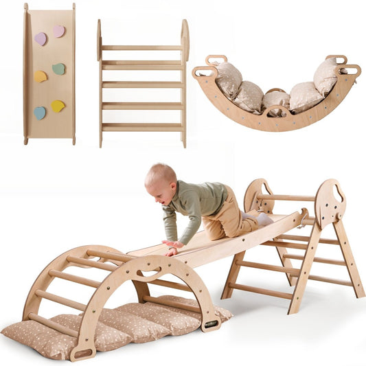 Beige Goodevas 4-in-1 Montessori climbing set for toddlers with Pikler triangle, arch, slide board, and cushion, ideal for ages 1-3.