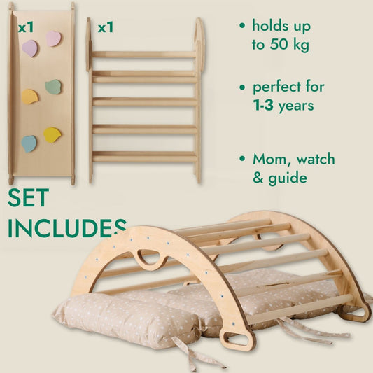 Beige 4-in-1 Montessori climbing set by Goodevas with Pikler triangle, arch, slide board, and cushion for toddlers aged 1-3.