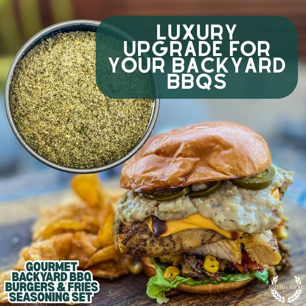 Gustus Vitae Gourmet Backyard BBQ Burgers and Fries Seasoning Set with six collection gift sets for flavorful grilling.