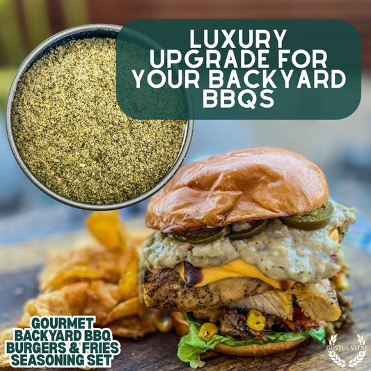 Gustus Vitae Gourmet Backyard BBQ Burgers and Fries Seasoning Set with six collection gift sets for flavorful grilling.
