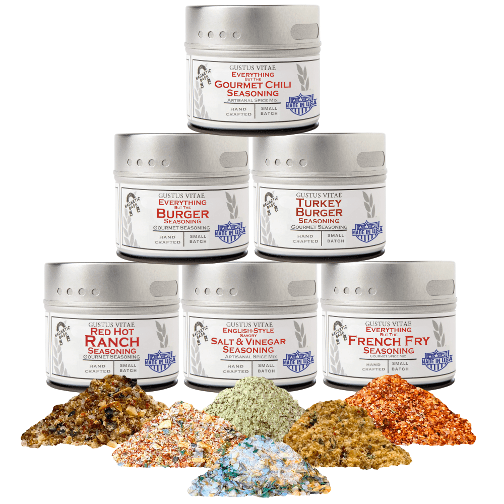 Gustus Vitae Gourmet Backyard BBQ Burgers and Fries Seasoning Set, six-pack collection with savory spice blends for grilling and frying.