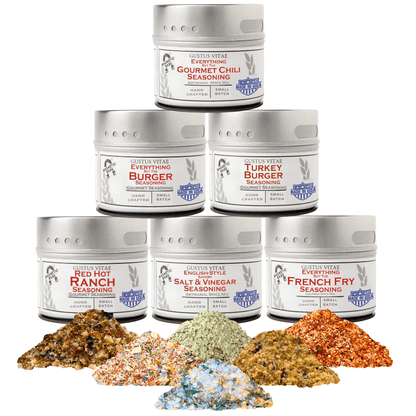 Gustus Vitae Gourmet Backyard BBQ Burgers and Fries Seasoning Set, six-pack collection with savory spice blends for grilling and frying.