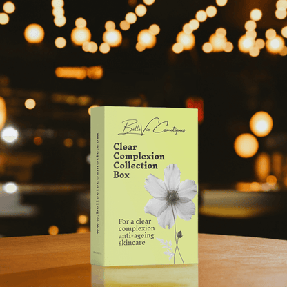 BelleVie Cosmétiques Clear Complexion Collection box with skincare products for clear skin and anti-aging routine display.