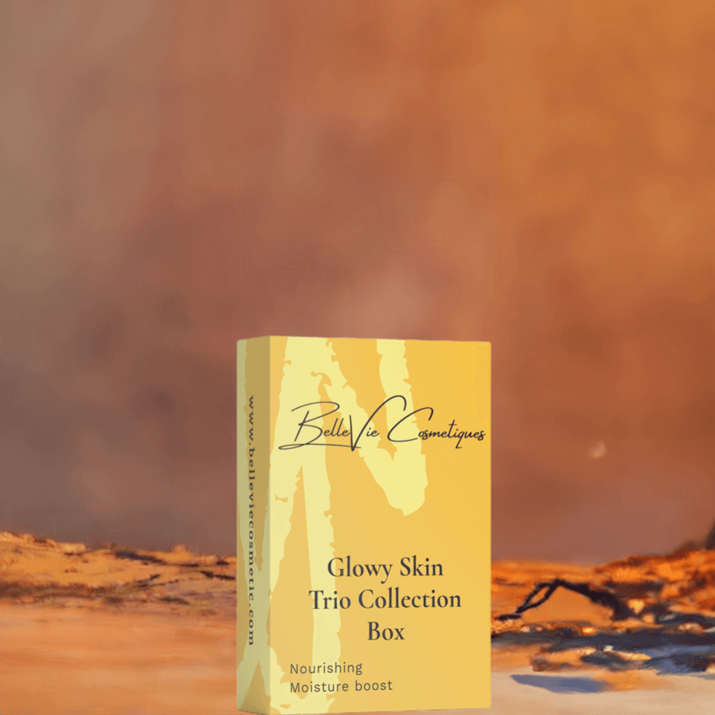 BelleVie Cosmétiques Glowy Skin Trio box with gentle cleansing milk, moisturizing day cream, and nourishing facial oil in elegant packaging.