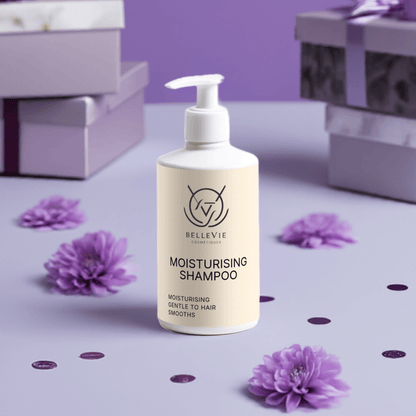 Belleviecosmetic moisturizing shampoo bottle, 300ml, with gentle hydration formula for fresh, glossy hair.