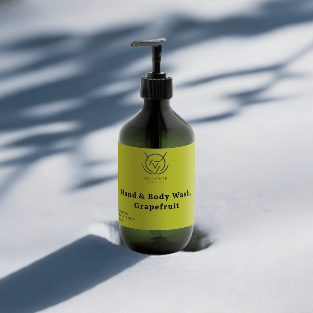 Belleviecosmetic grapefruit hand and body wash in a 490ml bottle, energizing natural cleanser with fresh grapefruit scent.