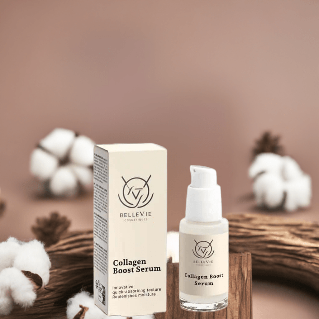 BelleVie Cosmétiques Collagen Boost Serum 30ml, hydrating anti-aging serum in a sleek bottle, designed to plump and firm skin.