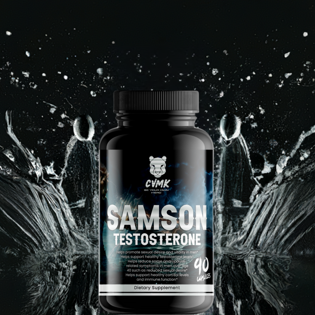 CVMK GLOBAL SAMSON vitamins bottle with label, featuring supplement details and colorful design on a white background.