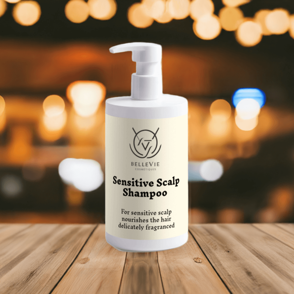 Belleviecosmetic Sensitive Scalp Shampoo 400ml bottle with soothing, natural ingredients for gentle cleansing and nourishment.