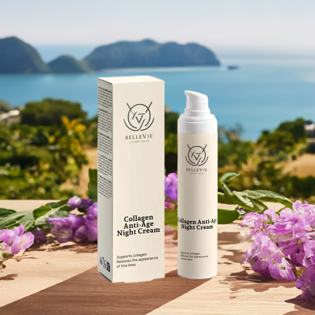 BelleVie Cosmétiques collagen anti-age night cream in a 50ml jar, showcasing smooth, hydrating face cream with firming properties.