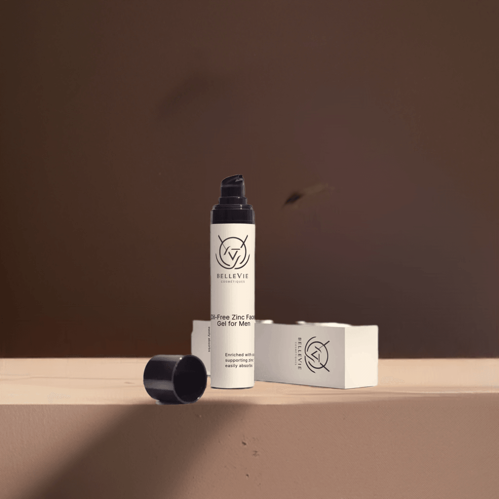 Oil-free zinc face gel for men by BelleVie Cosmétiques, showing the 50ml tube, designed to control oil, soothe, and protect skin.