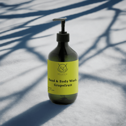 Belleviecosmetic Grapefruit Hand and Body Wash 490ml bottle showing the energising natural cleanser with grapefruit imagery