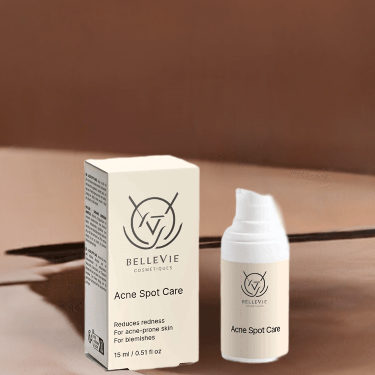 BelleVie Cosmétiques Acne Spot Care 15ml with tea tree and salicylic acid for fast-acting blemish treatment on skin.