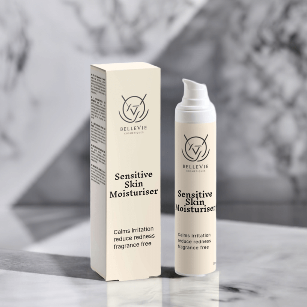 Fragrance-free BelleVie Cosmétiques Sensitive Skin Moisturiser 50ml tube with calming hydration for delicate skin.