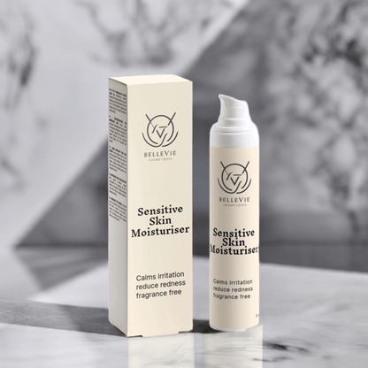 Fragrance-free BelleVie Cosmétiques Sensitive Skin Moisturiser 50ml tube with calming hydration for delicate skin.