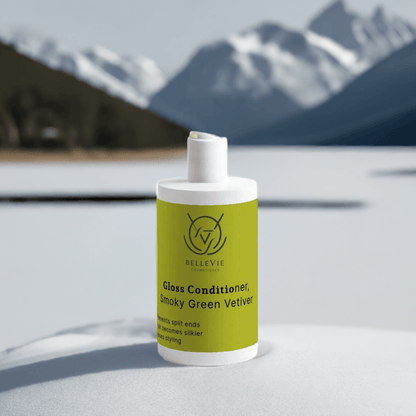 Gloss conditioner in smoky green vetiver with 370ml, showing a sleek bottle designed for smooth, shiny hair and split-end care.