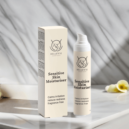 Fragrance-free BelleVie Cosmétiques Sensitive Skin Moisturiser 50ml with calming hydration for gentle skin care.