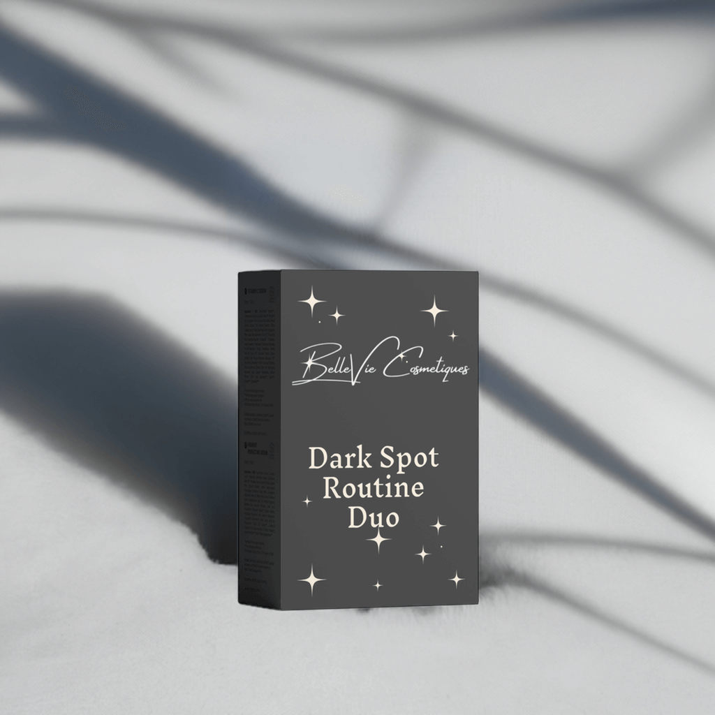 BelleVie Cosmétiques Dark Spot Routine Duo with pigment correcting serum and vitamin C for even skin tone and brightening.