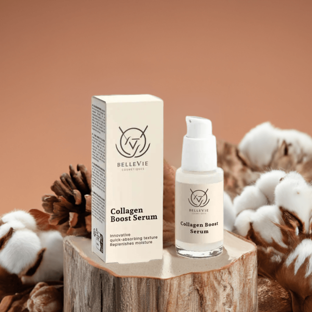 BelleVie Cosmétiques Collagen Boost Serum 30ml bottle, clear pump dispenser with light-colored serum inside, anti-aging skincare product