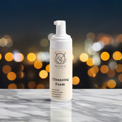 BelleVie Cosmétiques cleansing foam in a 150ml bottle, gentle makeup remover for fresh, supple skin.