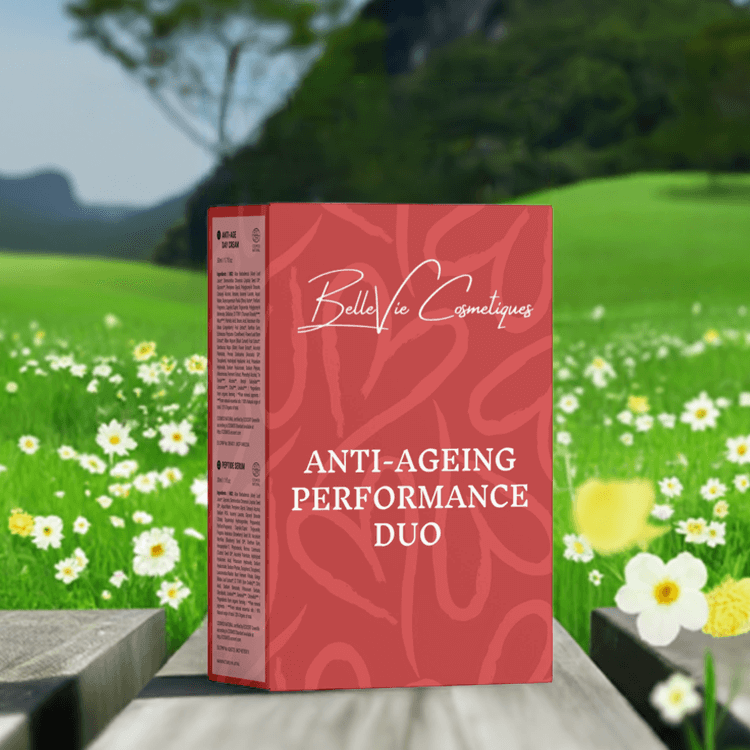 BelleVie Cosmétiques Performance Duo anti-aging skincare set featuring peptide serum and day cream for youthful skin.