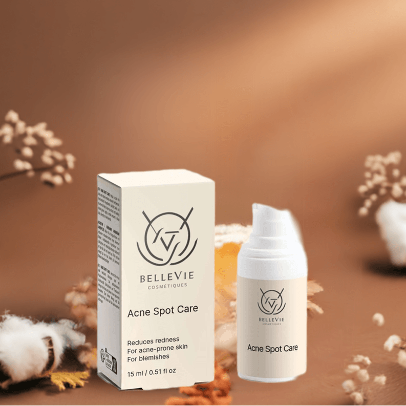 BelleVie Cosmétiques Acne Spot Care 15ml with tea tree and salicylic acid for fast-acting blemish treatment.