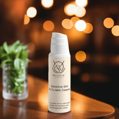 Belleviecosmetic Sensitive Skin Oil-To-Milk Cleanser in 150ml bottle, gentle makeup remover and hydrating facial cleanser.