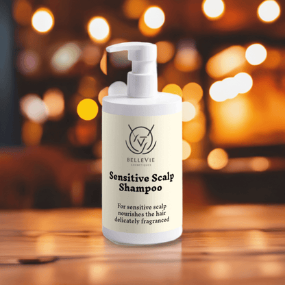 Belleviecosmetic Sensitive Scalp Shampoo 400ml bottle with a clean, natural design for soothing, cleansing, and nourishing sensitive scalp