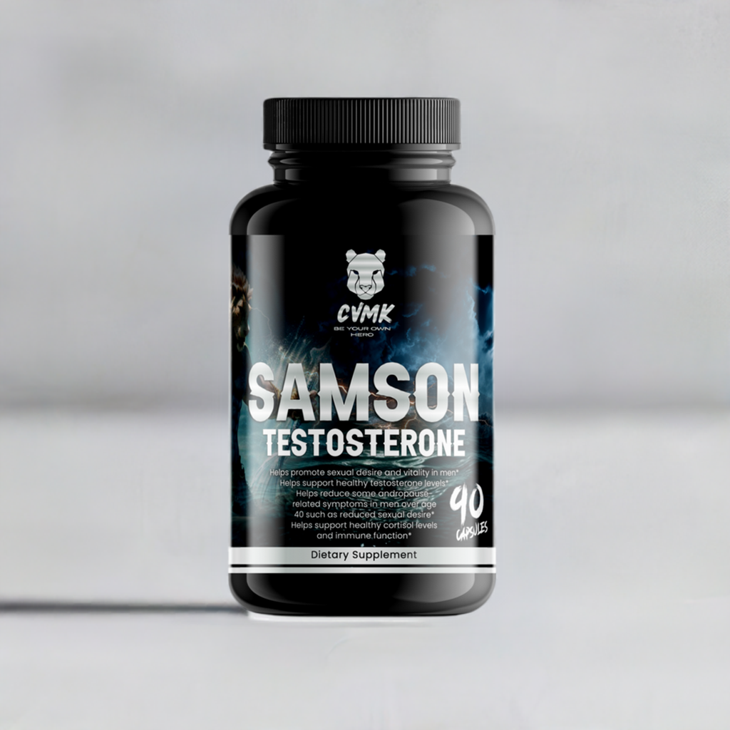 Bottle of SAMSON vitamins by CVMK GLOBAL showing colorful tablet supplements in a clear container.