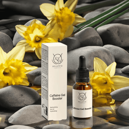 Belleviecosmetic caffeine booster gel in a 20ml tube, showing the clear gel with a sleek packaging design.