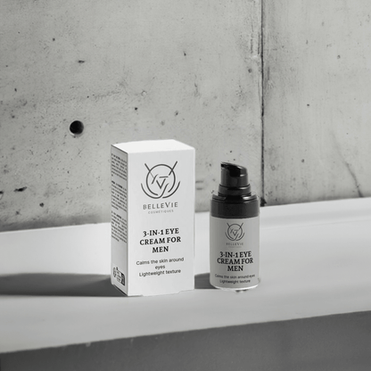 BelleVie Cosmétiques 3-in-1 Eye Cream for Men, 15ml, with hemp extract, shown in a sleek tube for hydration, brightening, and rejuvenation.