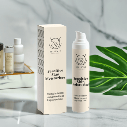 Fragrance-free BelleVie Cosmétiques Sensitive Skin Moisturiser 50ml jar with calming hydration for gentle skin.